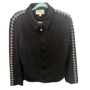 St. John Sport Marie Gray L Wool Blend Collared Full Zip Sweater Jacket Pockets